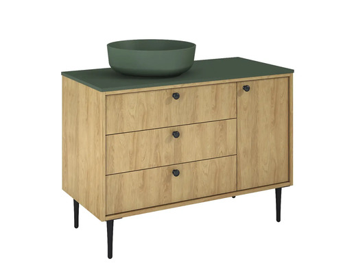 Waschtischunterschrank mit drei Schubladen, einer Tür und einem Aufsatzwaschbecken