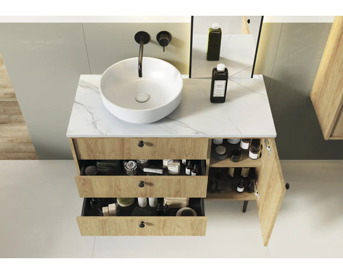 Badezimmerwaschtisch mit Schubladen, Waschtischplatte aus Stein und Aufsatzwaschbecken