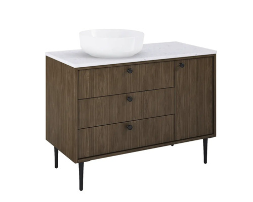 Waschtischunterschrank mit drei Schubladen, einer Tür, einem Aufsatzwaschbecken und einer Marmorplatte