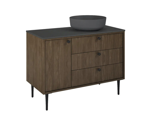 Waschtisch mit Waschbecken, drei Schubladen, einer Tür und Füßen