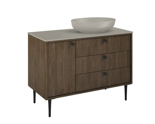 Waschtischunterschrank mit Aufsatzwaschbecken, einer Tür und drei Schubladen