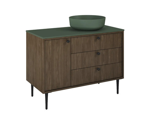 Waschtischunterschrank mit Aufsatzwaschbecken, Holzoptik mit drei Schubladen und einer Tür