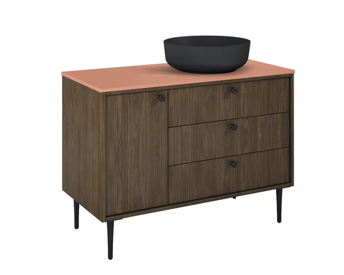 Waschtischunterschrank mit drei Schubladen, einer Tür und einer Aufsatzwaschschale