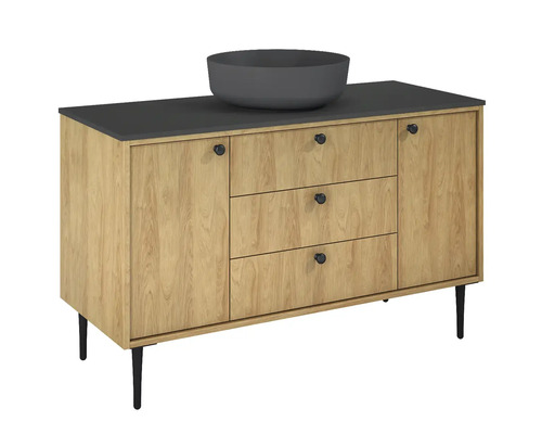 Waschtischunterschrank mit Aufsatzwaschbecken, zwei Türen und drei Schubladen