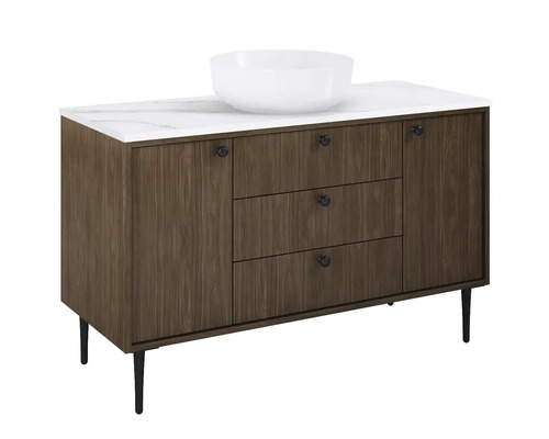 Waschtisch mit Waschbecken auf einer Kommode mit Schubladen und Türen