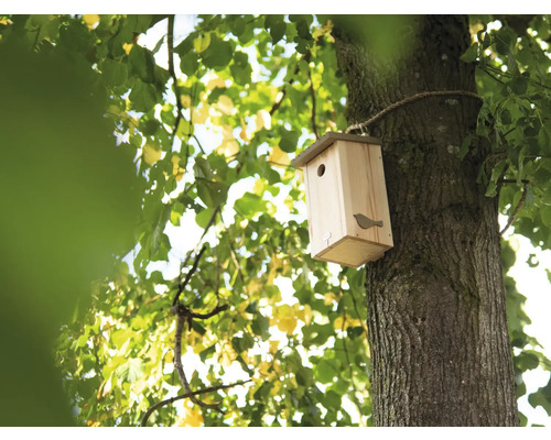 Vogelhaus aus Holz am Baum befestigt