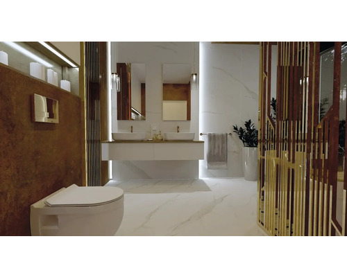 Modernes Badezimmer mit Wand-WC, Waschtisch und Spiegeln