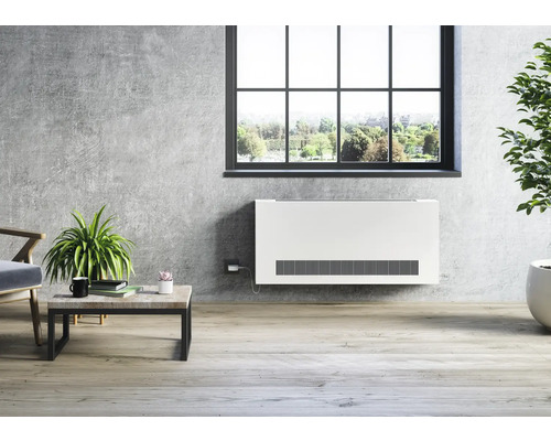 Heller Raum mit Heizkörper unter dem Fenster, dekoriert mit Pflanzen und einem Tisch