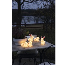 Dekorative Hasenfiguren mit Beleuchtung auf einem Gartentisch