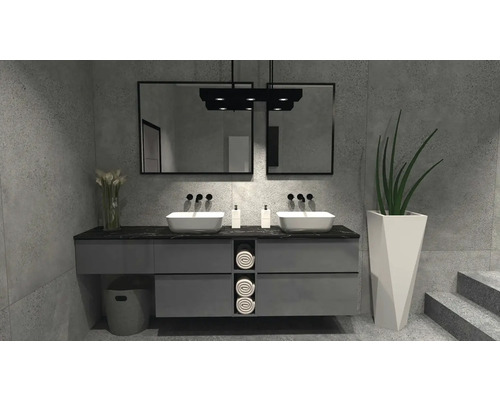 Modernes Badezimmer mit Doppelwaschbecken, Spiegeln und grauen Möbeln