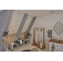 Attic room with track lighting system, clothes rack, dresser, and mannequin