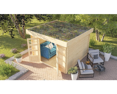 Gartenhaus Karibu Zelda 5 inkl. Dachbegrünungsset 297 x 297 cm natur Holzgartenhaus mit Gründach und Sitzbereich im Freien
