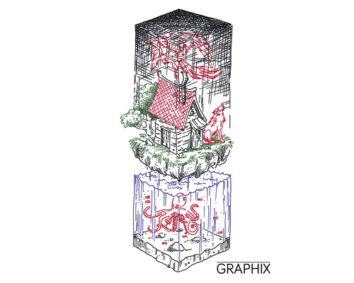 Zeichnung mit Hütte, Wolf, Drachen und Oktopus in Würfelform