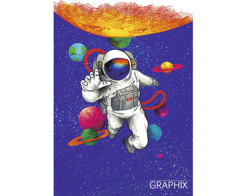 Illustration eines Astronauten im Weltraum mit Planeten und Sonne
