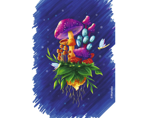 Illustration von fantasievollen Pilzen und einer Libelle