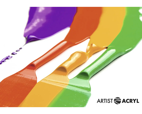 Nahaufnahme von Farbklecksen in verschiedenen Farben, die aus Farbpaletten austreten. Logo von Artist Acryl.