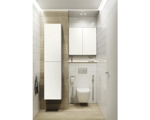 Badezimmer mit Hänge-WC, Spülkasten und weißen Badmöbeln