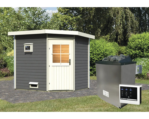 Außensauna mit Saunaofen und Steuergerät im Garten