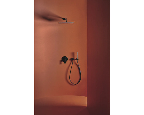 Duscharmatur mit Kopfbrause, Handbrause und Thermostat vor farbiger Wand