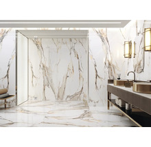 Helles Badezimmer mit Dusche, Waschbecken und Marmorfliesen für Wand und Boden.
