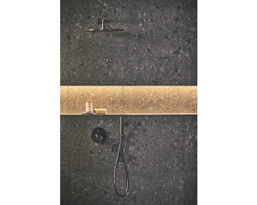 Geflieste Dusche mit Kopfbrause und Handbrause