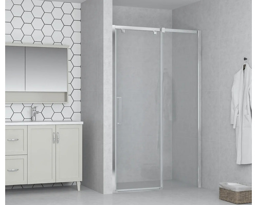 Modernes Badezimmer mit Waschbeckenunterschrank, Spiegelschrank und Duschkabine