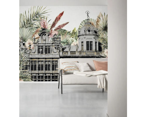 Wandbild mit einem Gebäude und Pflanzen für eine helle und geräumige Atmosphäre