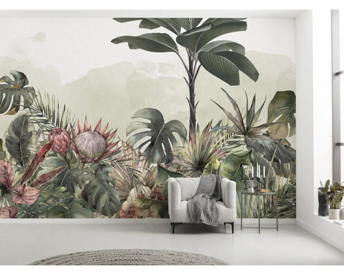 Fototapete Vlies P250-VD4 Jungle Spot 4-tlg. 400 x 250 cm Wand mit einer Fototapete mit Dschungelmotiven, die einen tropischen Wald mit üppiger Vegetation darstellt