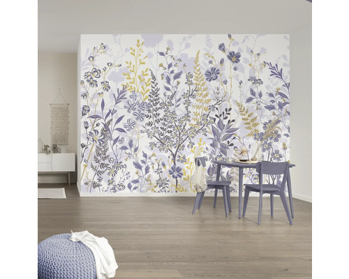 Fototapete Vlies P276-VD4 Bloomique 4-tlg. 400 x 250 cm Wohnraum mit Blumentapete, Tisch und Stühlen