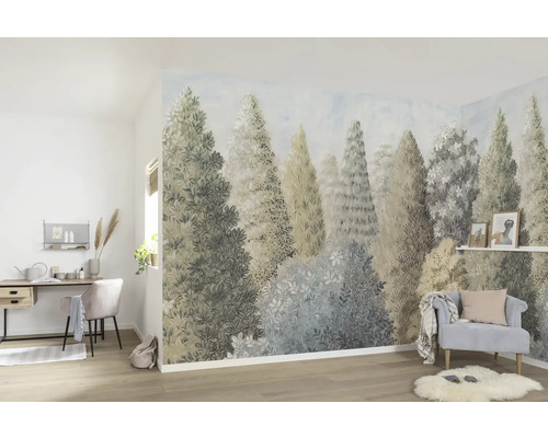 Fototapete Vlies P278-VD4 Painted Woods 4-tlg. 400 x 250 cm Heller Raum mit Waldtapete, Schreibtisch und Sessel für eine freundliche Atmosphäre.