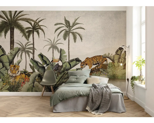 Fototapete Vlies P279-VD4 Tiger Jungle 4-tlg. 400 x 250 cm Schlafzimmer mit Dschungeltapete, die Palmen, Tiger und einen Tukan zeigt