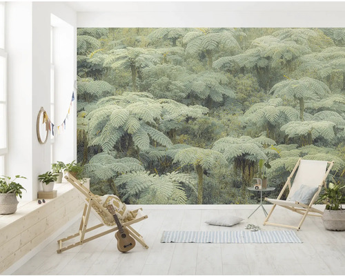 Fototapete Vlies PSH106-VD4 Jungle Lands 4-tlg. 400 x 250 cm Wohnraum mit Fototapete mit Baumfarnmotiv, zwei Liegestühlen und Dekoration