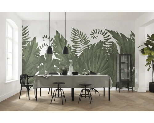 Fototapete Vlies P260-VD5 Botanic Harmony 5-tlg. 500 x 250 cm Esszimmer mit tropischer Blättertapete, Esstisch und Stühlen.