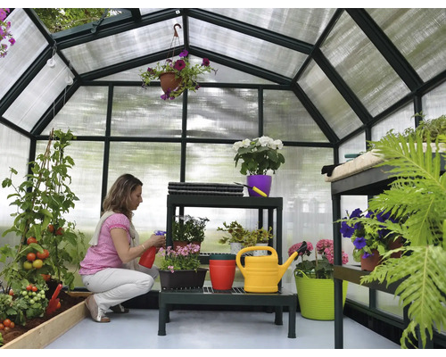Gewächshaus mit Pflanzen und Gießkanne sowie einer Frau, die Pflanzen besprüht
