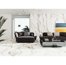Wohnzimmer mit Marmorboden, Sofa und Couchtisch