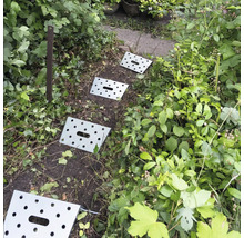 Trittplatten aus Metall in einem Gartenweg zwischen Pflanzen.