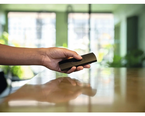 Eine Hand hält eine schwarze Fernbedienung.