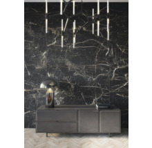 Wohnzimmer mit schwarzer Marmorwand, Lampe und Sideboard