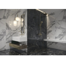 Modernes Badezimmer mit Marmorfliesen, Waschbecken und Dusche