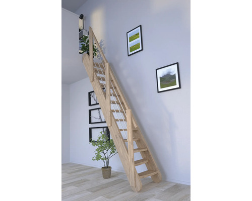 Holztreppe mit Geländer in einem hellen Raum mit Bildern an der Wand und Pflanzen.