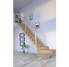 Treppe aus Holz mit Edelstahlgeländer in einem hellen Raum.