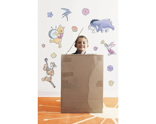 Junge in Pappkarton vor Wand mit Winnie Puuh Wandtattoos