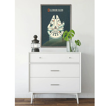 Dekorative Szene mit einer Kommode und einem gerahmten Bild des Millennium Falcon