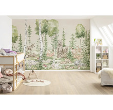 Kinderzimmer mit Waldtiermotiv-Tapete, Birke, Bär, Reh, Fuchs, Hase