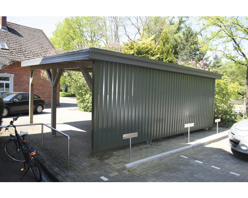 Überdachter Fahrradständer aus Holz und Metall im Freien