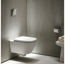 Wandhängendes WC in einem modernen Badezimmer mit Betätigungsplatte und Toilettenpapierhalter