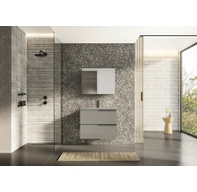 Modernes Badezimmer mit Waschtisch, Spiegelschrank und Dusche.