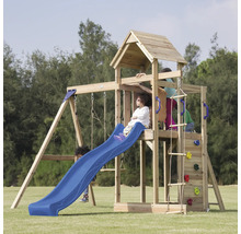 Spielturm aus Holz mit Rutsche, Schaukel und Kletterwand für Kinder im Garten
