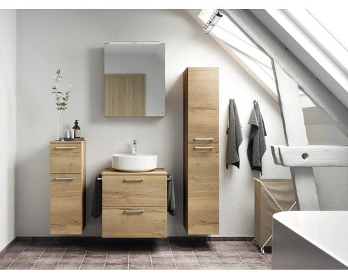 Badmöbel-Set NOBILIA Modern BxHxT 140 x 169,1 x 49 cm Frontfarbe eiche hell mit Spiegelschrank mit LED-Beleuchtung Unterschrank Midischrank Griff chrom matt 631 Badezimmer mit Waschtisch, Spiegel, Hochschrank und Ablage