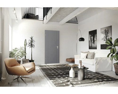 Heller Wohnraum mit grauer Innentür, Sessel, Sofa und Dekoration